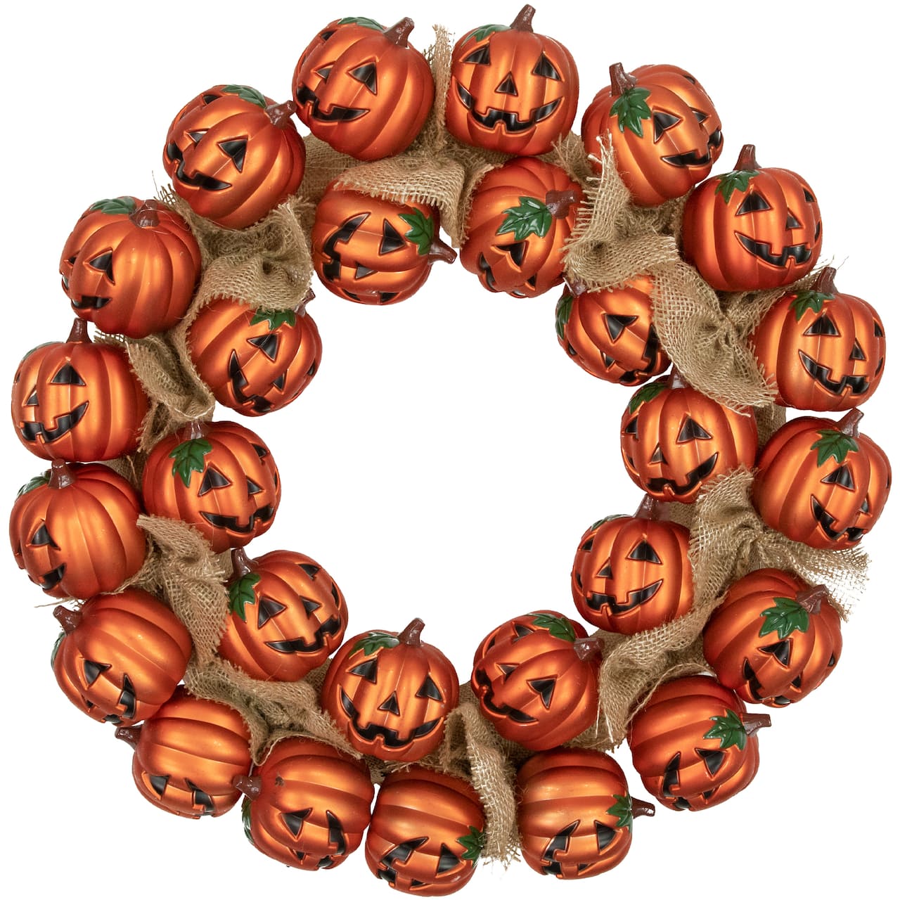 20&#x27;&#x27; Unlit Jack-O-Lantern and Burlap Ribbon Halloween Wreath